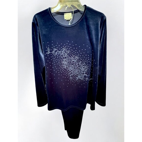 Melissa Molaire 2-Piece Navy Velour Lounge Set 1X Embellished Top & Stretch Pant - Picture 5 of 9